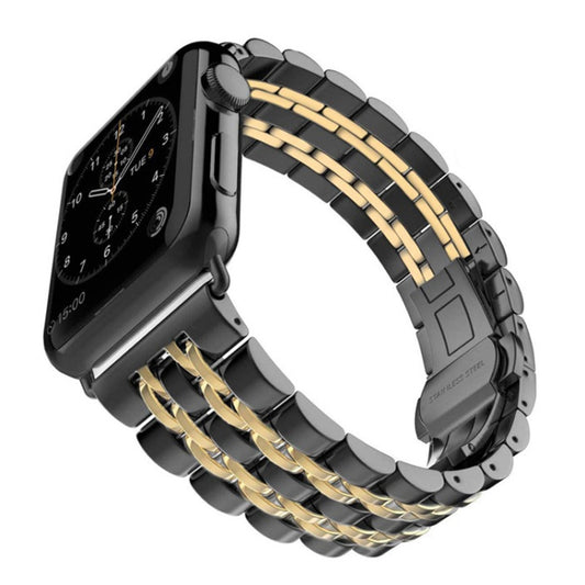 20mm Women Hidden Butterfly Buckle 7 Beads Stainless Steel Watch Band For Apple Watch 38mm(Black Gold) by bashfashion