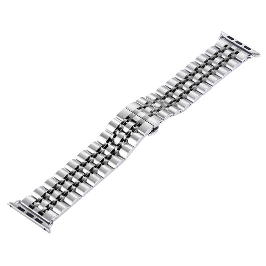 22mm Men Hidden Butterfly Buckle 7 Beads Stainless Steel Watch Band For Apple Watch 38mm(Silver+Black) by bashfashion