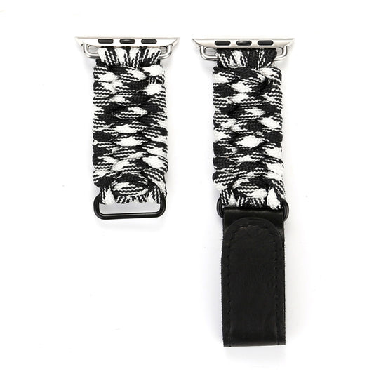 Magic Paste Genuine Leather Umbrella Rope Nylon Wrist Watch Band with Stainless Steel Buckle for Apple Watch Ultra 49mm&Watch Ultra 2 49mm / Series 10 46mm / 9&8&7 45mm / SE 3&SE 2&6&SE&5&4 44mm / 3&2&1 42mm(Black White) by bashfashion