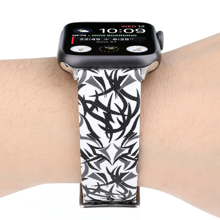 Thorns Printing Genuine Leather Watch Band for Apple Watch Series 7 45mm / 6 & SE & 5 & 4 44mm / 3 & 2 & 1 42mm(Black White) by bashfashion