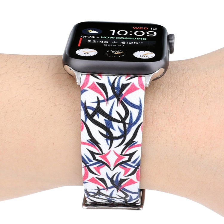 Thorns Printing Genuine Leather Watch Band for Apple Watch Series 7 45mm / 6 & SE & 5 & 4 44mm / 3 & 2 & 1 42mm(Rose Red) by bashfashion