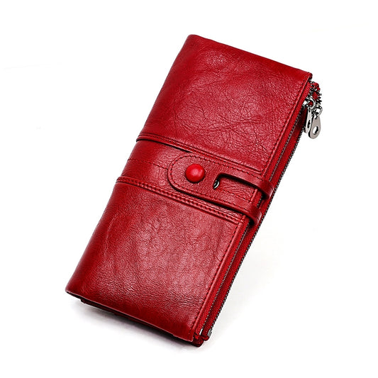 3520 Long Cowhide Leather Folding Anti-magnetic RFID Wallet for Ladies, with Card Slots(Red) by bashfashion