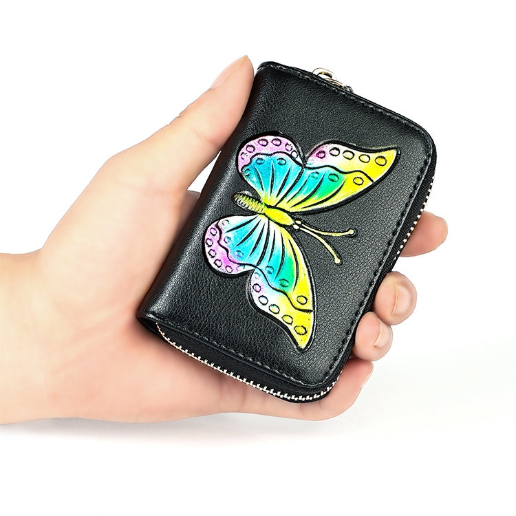 KB152 Butterfly Pattern Zipper Cowhide Leather Organ Shape Multiple Card Slots Anti-magnetic RFID Wallet for Ladies(Blue) by bashfashion