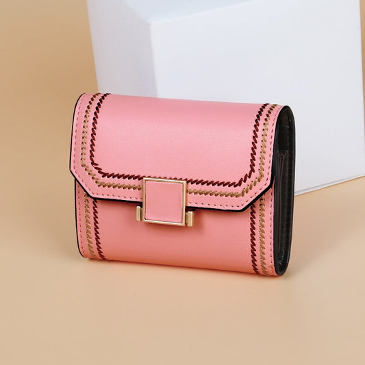 KB190 Cover Type Snap Button Cowhide Leather Organ Shape Multiple Card Slots Anti-magnetic RFID Wallet for Ladies(Pink) by bashfashion