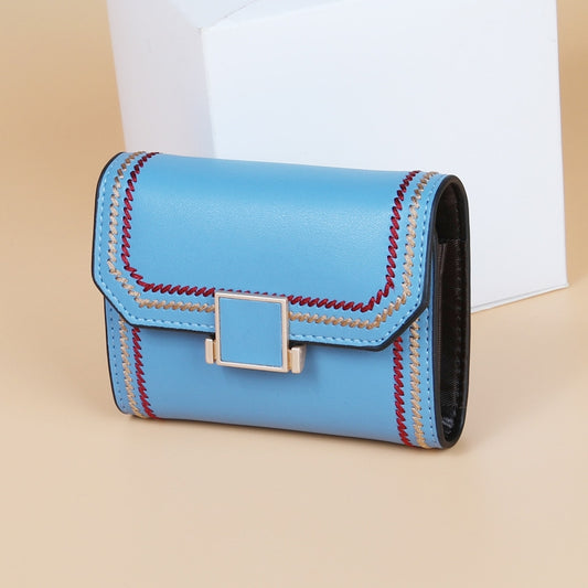 KB190 Cover Type Snap Button Cowhide Leather Organ Shape Multiple Card Slots Anti-magnetic RFID Wallet for Ladies(Lake Blue) by bashfashion