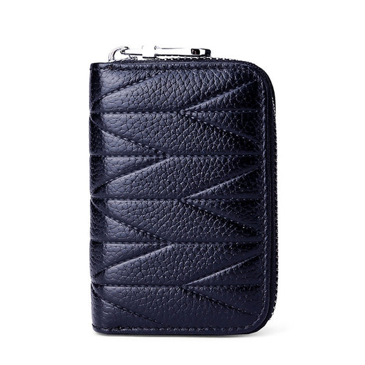 KB191 Zipper Cowhide Leather Organ Shape Multiple Card Slots Anti-magnetic RFID Wallet Clutch Bag for Ladies(Dark Blue) by bashfashion