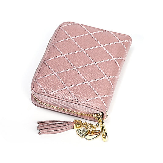 KB213 Diamond Texture Zipper Cowhide Leather Double Row Organ Shape Multiple Card Slots Anti-magnetic RFID Wallet Clutch Bag for Ladies (Light Pink) by bashfashion