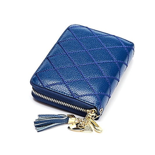 KB213 Diamond Texture Zipper Cowhide Leather Double Row Organ Shape Multiple Card Slots Anti-magnetic RFID Wallet Clutch Bag for Ladies (Blue) by bashfashion