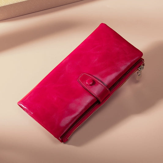 TP-189 Oilskin Leather Multi-functional Zipper RFID Leather Wallet(Rose Red) by bashfashion