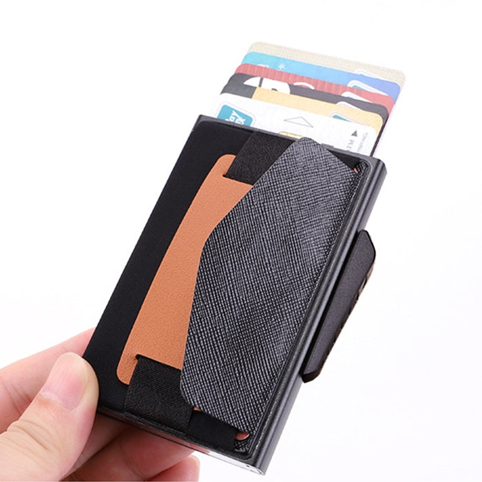 X-32C Automatically Pop-up Card Type Anti-magnetic RFID Anti-theft Men Aluminum Alloy B Dial Button Elastic Bag Wallet with PU Leather Strap(Black) by bashfashion