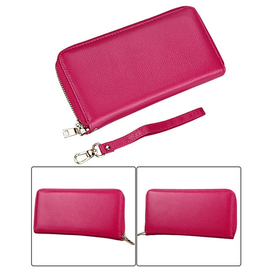 Genuine Cowhide Leather Litchi Texture Zipper Long Style Card Holder Wallet RFID Blocking Coin Purse Card Bag Protect Case with Hand Strap for Women, Size: 20*10.5*3cm(Magenta) by bashfashion