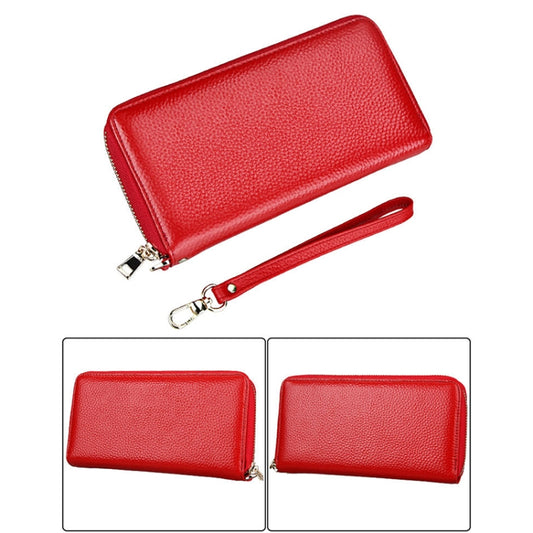 Genuine Cowhide Leather Litchi Texture Zipper Long Style Card Holder Wallet RFID Blocking Coin Purse Card Bag Protect Case with Hand Strap for Women, Size: 20*10.5*3cm(Red) by bashfashion