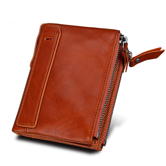 Genuine Cowhide Leather Crazy Horse Texture Dual Zipper Short Style Card Holder Wallet RFID Blocking Card Bag Protect Case for Men, Size: 12.1*9.4*2.7cm(Orange) by bashfashion