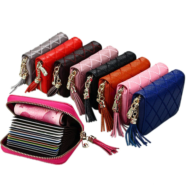 Genuine Cowhide Leather Grid Texture Zipper Card Holder Wallet RFID Blocking Card Bag Protect Case Coin Purse with Tassel Pendant & 15 Card Slots for Women, Size: 11.1*7.9*3.5cm(Red) by bashfashion