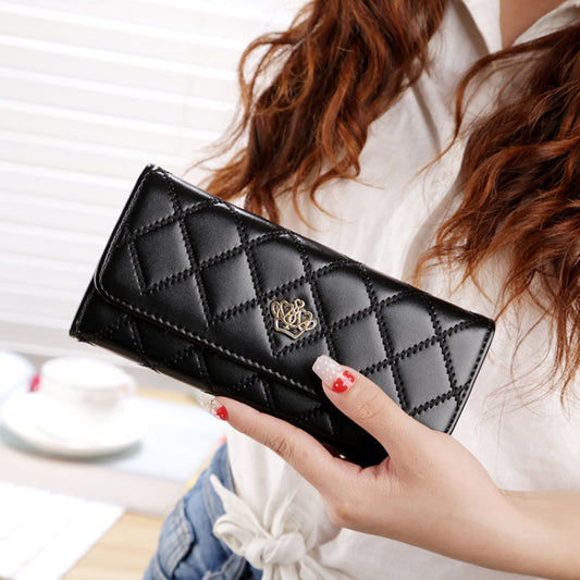 Fashion Argyles Texture Metal Crown 3-Folding Long Design PU Leather Wallet Coin Purse for Women(Black) by bashfashion