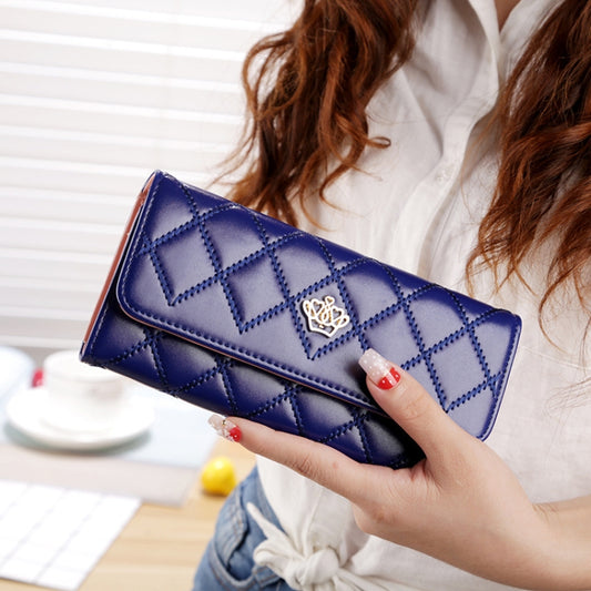 Fashion Argyles Texture Metal Crown 3-Folding Long Design PU Leather Wallet Coin Purse for Women(Dark Blue) by bashfashion