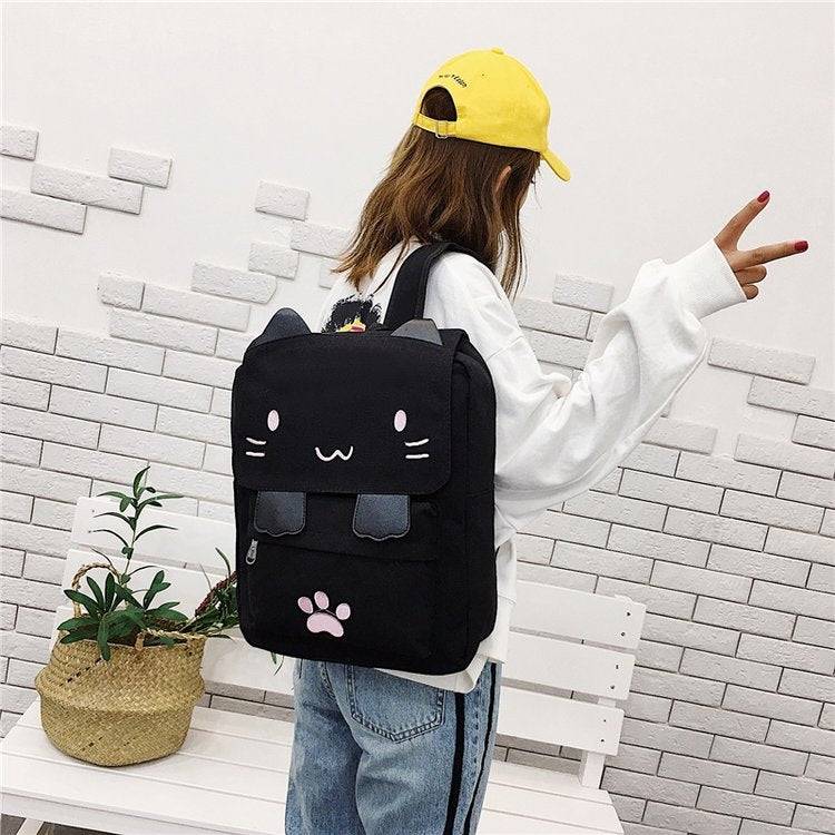 Cat Shape Leisure Fashion Canvas Double Shoulders Bag Backpack(Black) by bashfashion