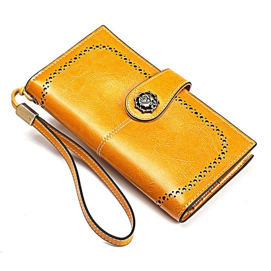 3526 Vintage Oil Wax Texture Large Capacity Long Multi-function Anti-magnetic RFID Wallet Clutch for Ladies (Yellow) by bashfashion