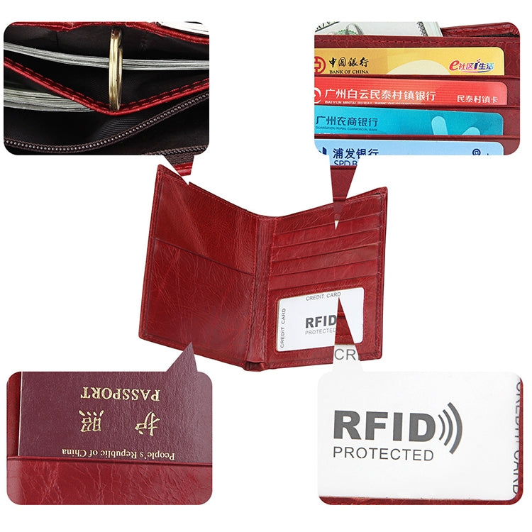 8235 Antimagnetic RFID Multi-function Crazy Horse Texture Leather Wallet Passport Bag(Red) by bashfashion