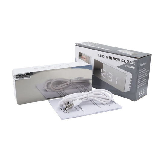 TS-S69-HW Multifunctional LED Alarm Clock Battery / Plug-in Charging Dual-purpose Make-up Mirror Clock(Grey White) by bashfashion