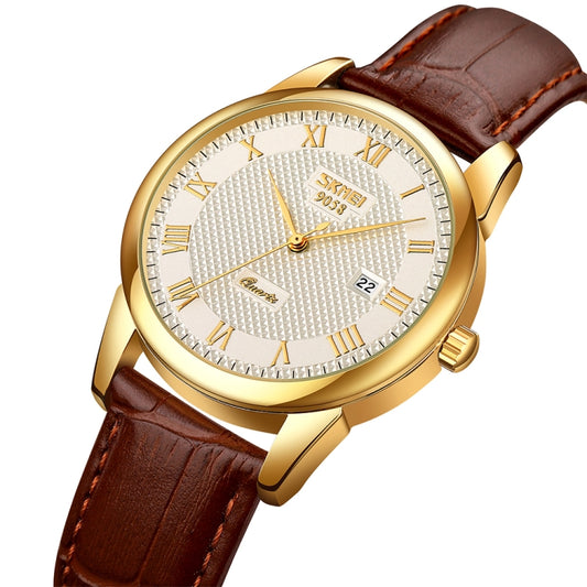 SKMEI 9058 Multifunctional Outdoor Fashion Waterproof Gold Shell Quartz Wrist Watch(Women Style Silver Face Brown Strap) by SKMEI