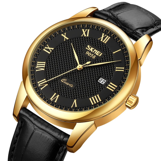 SKMEI 9058 Multifunctional Outdoor Fashion Waterproof Gold Shell Quartz Wrist Watch(Men Style Black Face Black Strap) by SKMEI