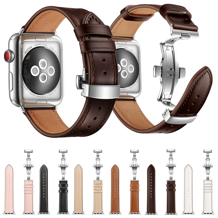 Genuine Leather + Butterfly Silver Buckle Watch Band For Apple Watch Series 7 41mm / 6 & SE & 5 & 4 40mm / 3 & 2 & 1 38mm(Brown) by bashfashion