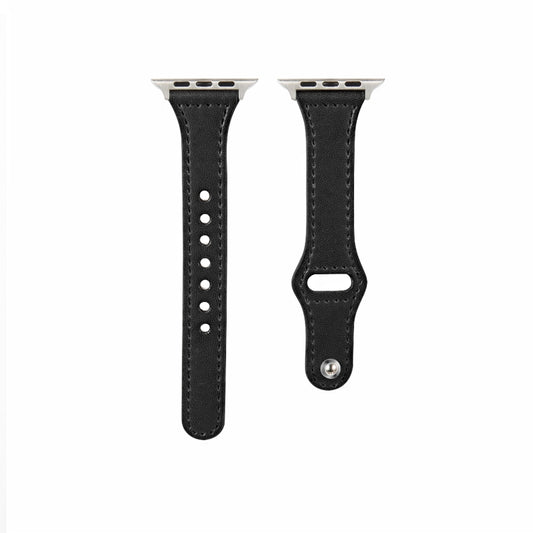 Universal T-shaped Thin Reverse Buckle Leather Watch Band For Apple Watch Series 9&8&7 41mm / SE 3&SE 2&6&SE&5&4 40mm / 3&2&1 38mm(Black) by bashfashion