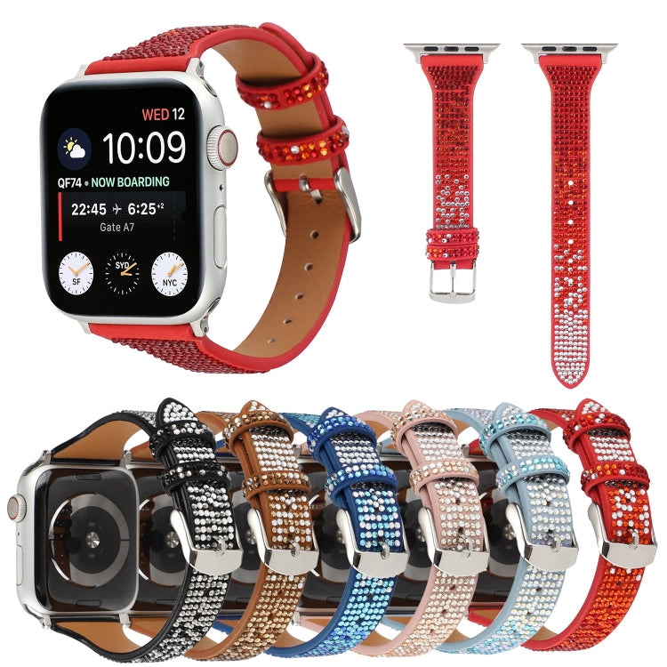 T-shaped Small Waist Flashing Diamond Genuine Leather Watch Band Watch Band For Apple Watch Series 9&8&7 41mm / SE 3&SE 2&6&SE&5&4 40mm / 3&2&1 38mm(Black) by bashfashion