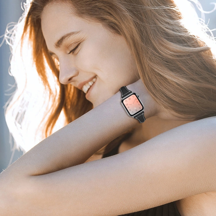 Three-color T-shape Leather Watch Band For Apple Watch Series 9&8&7 41mm / SE 3&SE 2&6&SE&5&4 40mm / 3&2&1 38mm(White Black + Black) by bashfashion