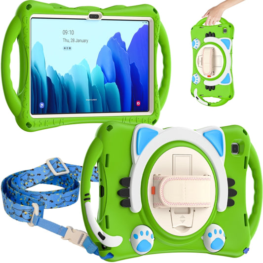 For Samsung Galaxy Tab A7 10.4 2020 SM-T500 Cute Cat King Kids Shockproof Silicone Tablet Case with Holder & Shoulder Strap & Handle(Green) by bashfashion