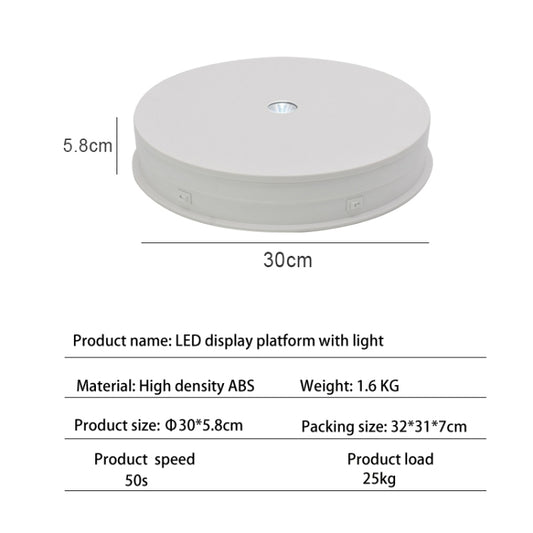 30cm Electric Rotating Turntable Display Stand LED Light Video Shooting Props Turntable, Power Plug:220V AU Plug(White) by bashfashion