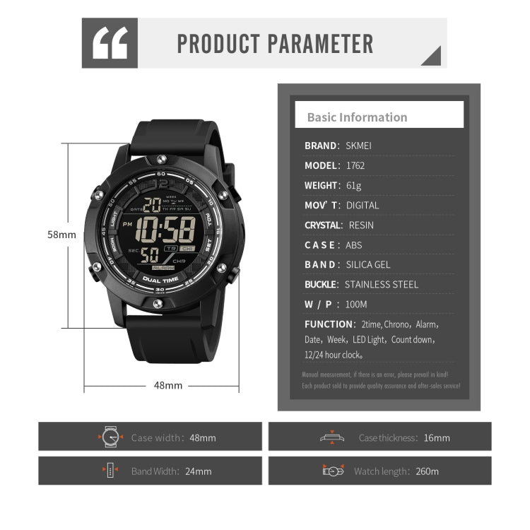 SKMEI 1762 Triplicate Round LED Dual Time Digital Display Waterproof Luminous Electronic Watch(Black) by SKMEI