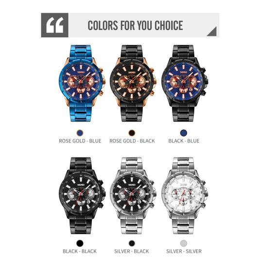 SKMEI 9241 Men Calendar Stopwatch Stainless Steel Strap Quartz Watch(Black Blue) by SKMEI
