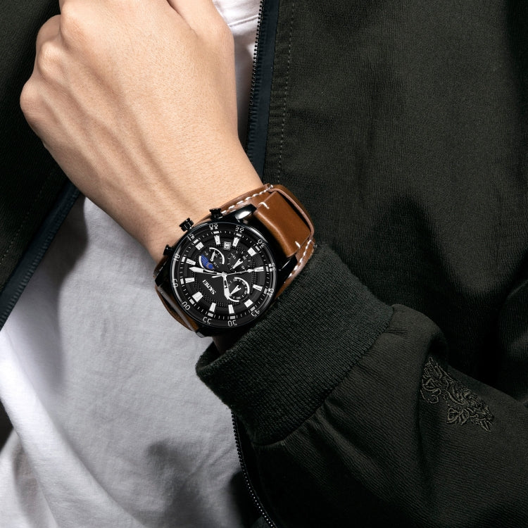 SKMEI 9249 Men Moonphase Calendar Stopwatch Leather Strap Quartz Watch(Brown Black) by SKMEI