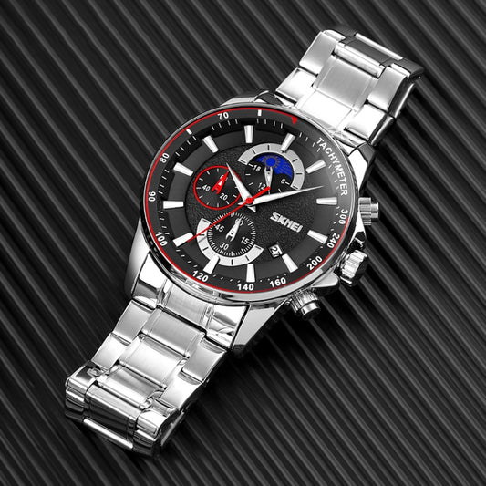 SKMEI 9250 Men Moonphase Stopwatch Date Six Pin Stainless Steel Strap Quartz Watch(Silver Black) by SKMEI
