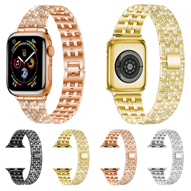 Five-beads Diamond Steel Watch Band For Apple Watch Ultra 49mm&Watch Ultra 2 49mm / Series 9&8&7 45mm / SE 3&SE 2&6&SE&5&4 44mm / 3&2&1 42mm(Gold) by bashfashion