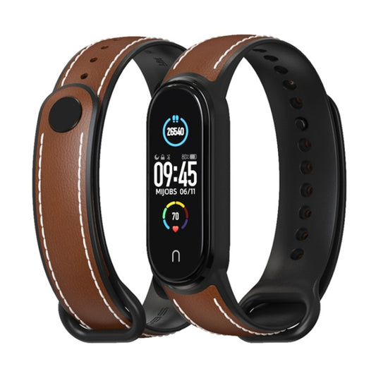 For Xiaomi Mi Band 5/6/7 MIJOBS TPU + Leather Watch Band(Brown+Black) by MIJOBS