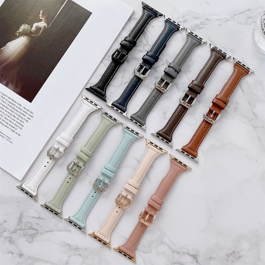 Sewing Plain Weave Small Waist Leather Watch Band For Apple Watch Series 9&8&7 41mm / SE 3&SE 2&6&SE&5&4 40mm / 3&2&1 38mm(Pink) by bashfashion