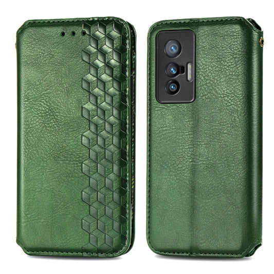 For vivo X70 Cubic Grid Pressed Horizontal Flip Magnetic Leather Phone Case with Holder & Card Slots & Wallet(Green) by bashfashion