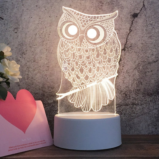 White Base Creative 3D Tricolor LED Decorative Night Light, Button Plug Version, Shape:Owl(White-Warm-Warm White) by bashfashion