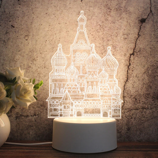 White Base Creative 3D Tricolor LED Decorative Night Light, Button Plug Version, Shape:Castle(White-Warm-Warm White) by bashfashion