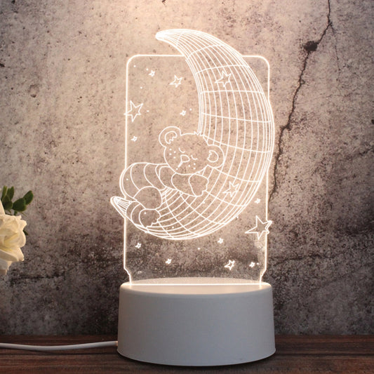 White Base Creative 3D Tricolor LED Decorative Night Light, Button Plug Version, Shape:Moon Bear(White-Warm-Warm White) by bashfashion