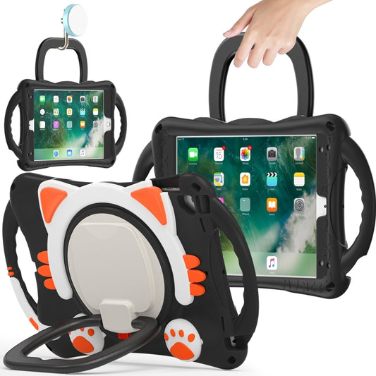 Cute Cat King Kids Shockproof Silicone Tablet Case with Holder & Shoulder Strap & Handle For iPad 9.7 2018 / 2017 / Air / Air 2 / Pro 9.7(Black Orange) by bashfashion