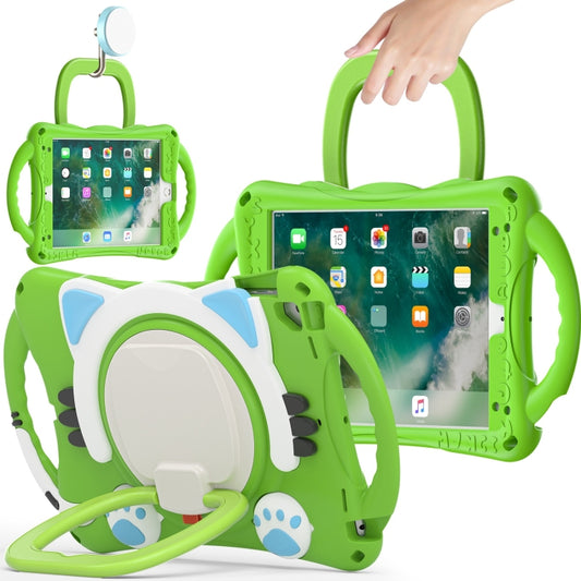 Cute Cat King Kids Shockproof Silicone Tablet Case with Holder & Shoulder Strap & Handle For iPad 9.7 2018 / 2017 / Air / Air 2 / Pro 9.7(Green) by bashfashion