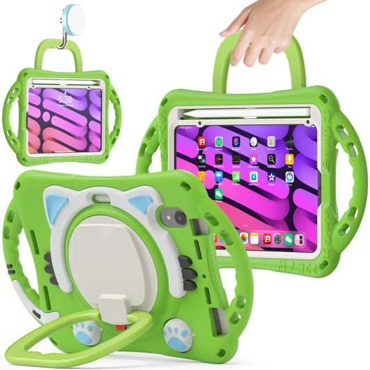 For iPad mini 6 / mini 2024 Cute Cat King Kids Shockproof Silicone Tablet Case with Holder & Shoulder Strap & Handle(Green) by bashfashion