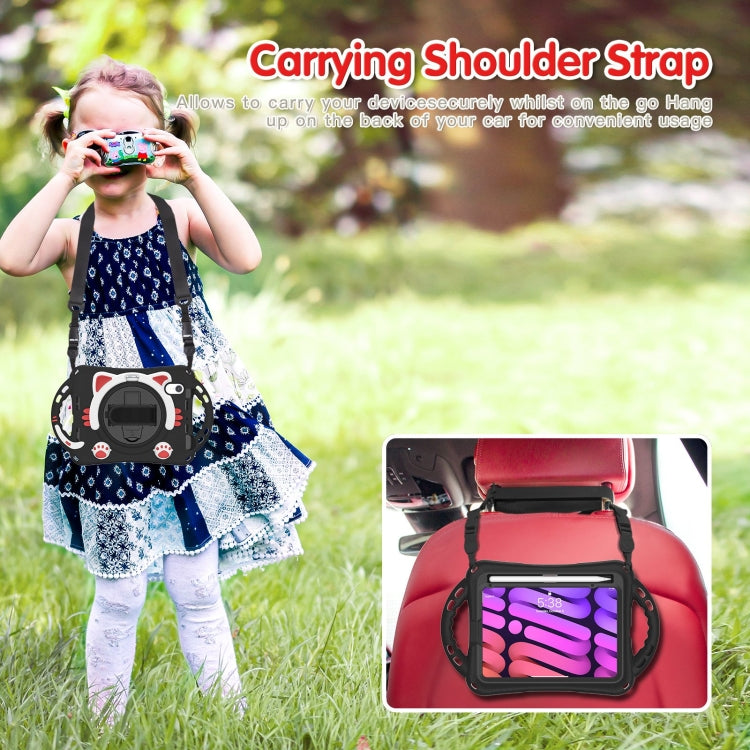 For iPad mini 6 / mini 2024 Cute Cat King Kids Shockproof Silicone Tablet Case with Holder & Shoulder Strap & Handle(Black Red) by bashfashion