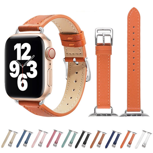 14mm Cowhide Leather Watch Band For Apple Watch Series 7 45mm/6&SE&5&4 44mm/3&2&1 42mm(Orange) by bashfashion
