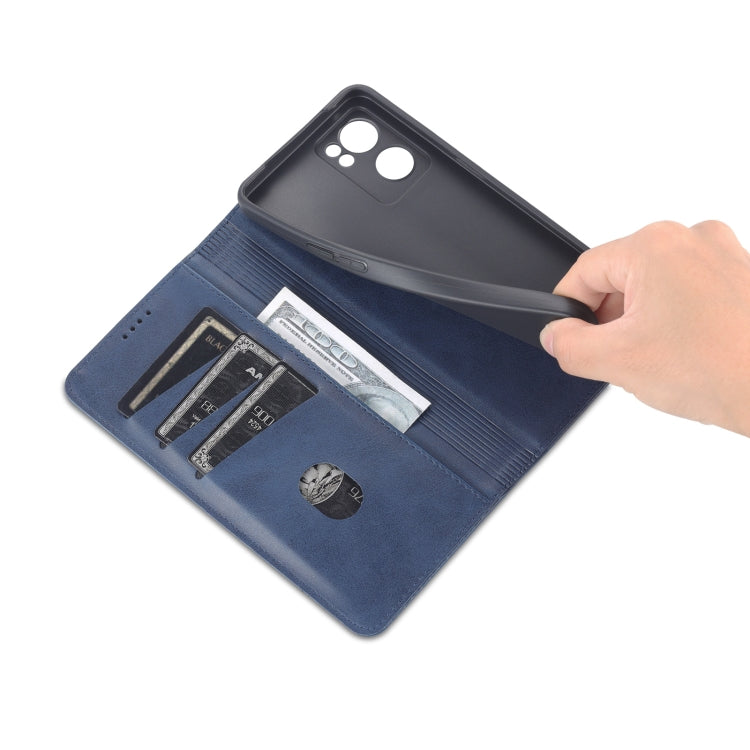 For OPPO Reno7 AZNS Magnetic Calf Texture Horizontal Flip Leather Phone Case(Dark Blue) by AZNS