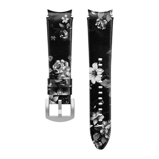 For Samsung Galaxy Watch4 40mm / 44mm Genuine Leather Watch Band(Black Grey Flowers) by bashfashion